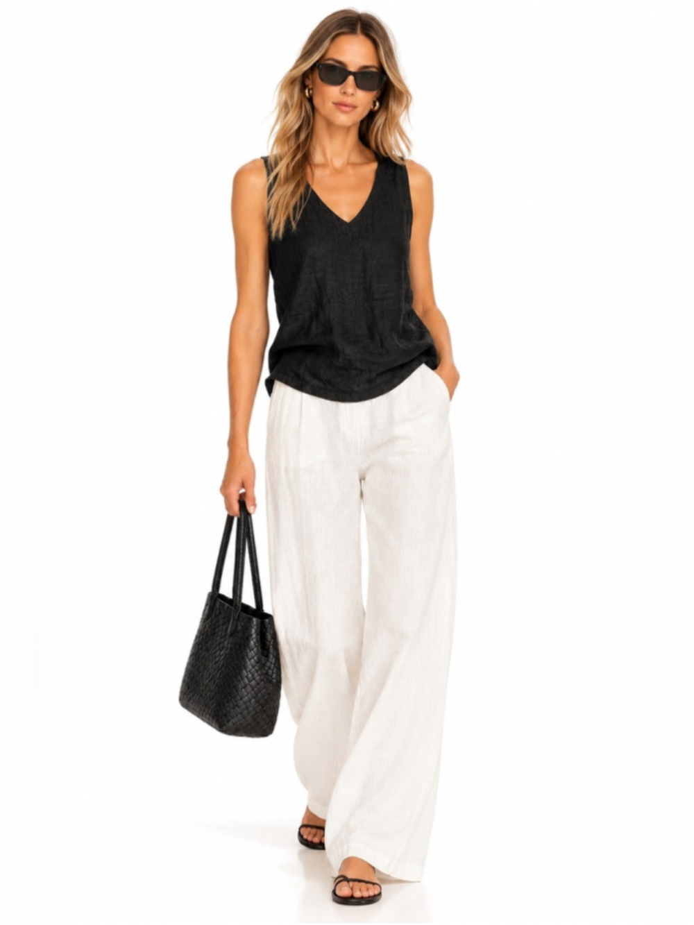 Lemonwood Black 100% Linen V-Neck Sleeveless Top Size S